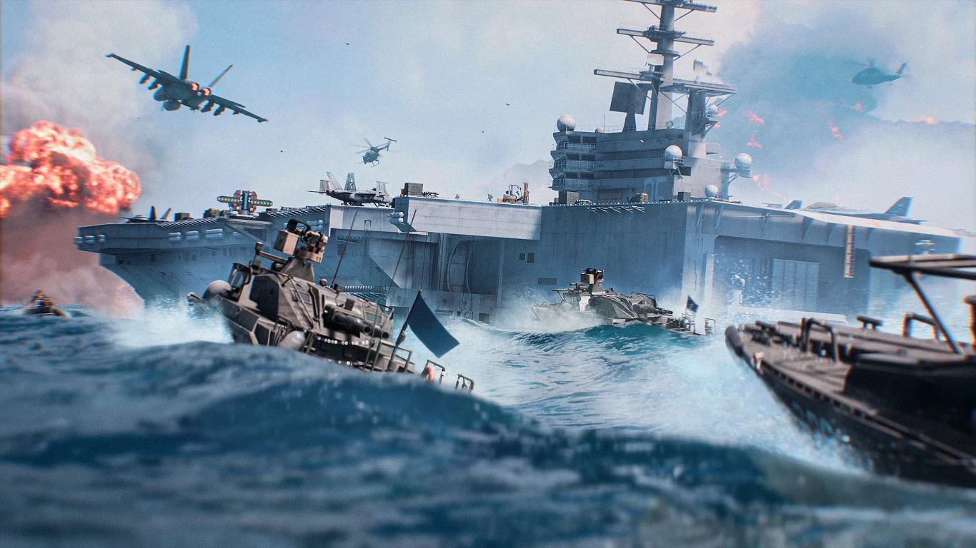 Battlefield 6 Battlefield 6. Lotniskowiec, kutry wojskowe, eksplozje, myśliwce i helikoptery na wzburzonym morzu.