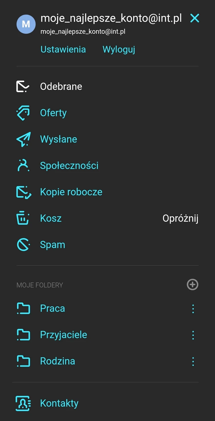 Panel boczny skrzynki pocztowej z widoczną listą głównych folderów, takimi jak Odebrane, Oferty, Wysłane, Społeczności, Kopie robocze, Kosz oraz Spam, a także sekcją z własnymi folderami użytkownika, takimi jak Praca, Przyjaciele, Rodzina i Kontakty.