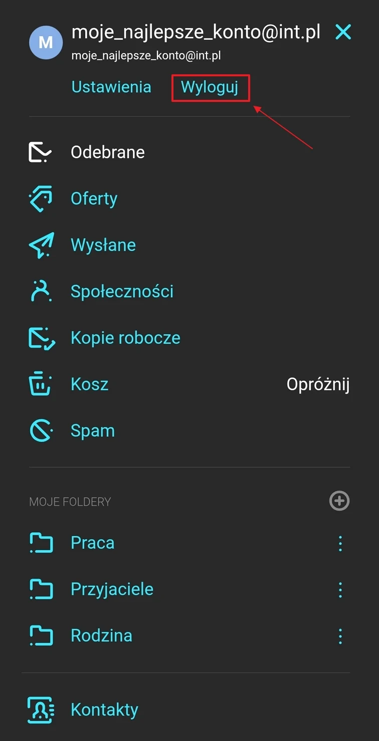 Menu użytkownika konta e-mail z widocznymi opcjami Ustawienia i Wyloguj oraz listą głównych folderów poczty, takich jak Oferty, Wysłane, Kosz, Spam i dedykowane foldery tematyczne Praca, Przyjaciele, Rodzina.