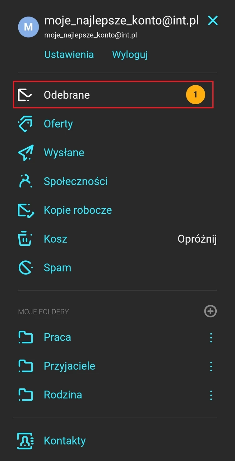 Panel skrzynki pocztowej z wyróżnioną sekcją 'Odebrane', zawierającą jedną nieprzeczytaną wiadomość, oraz listą folderów takich jak Oferty, Wysłane, Społeczności, Kosz i Spam.