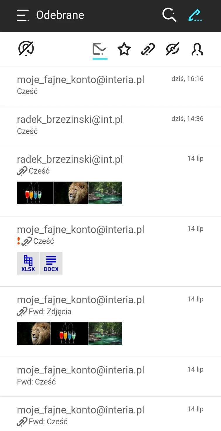 Widok skrzynki odbiorczej e-mail zawierający listę wiadomości z różnymi nadawcami, część wiadomości posiada załączniki w postaci zdjęć oraz dokumentów, a przy niektórych widoczne są podglądy obrazów i ikon załączników.