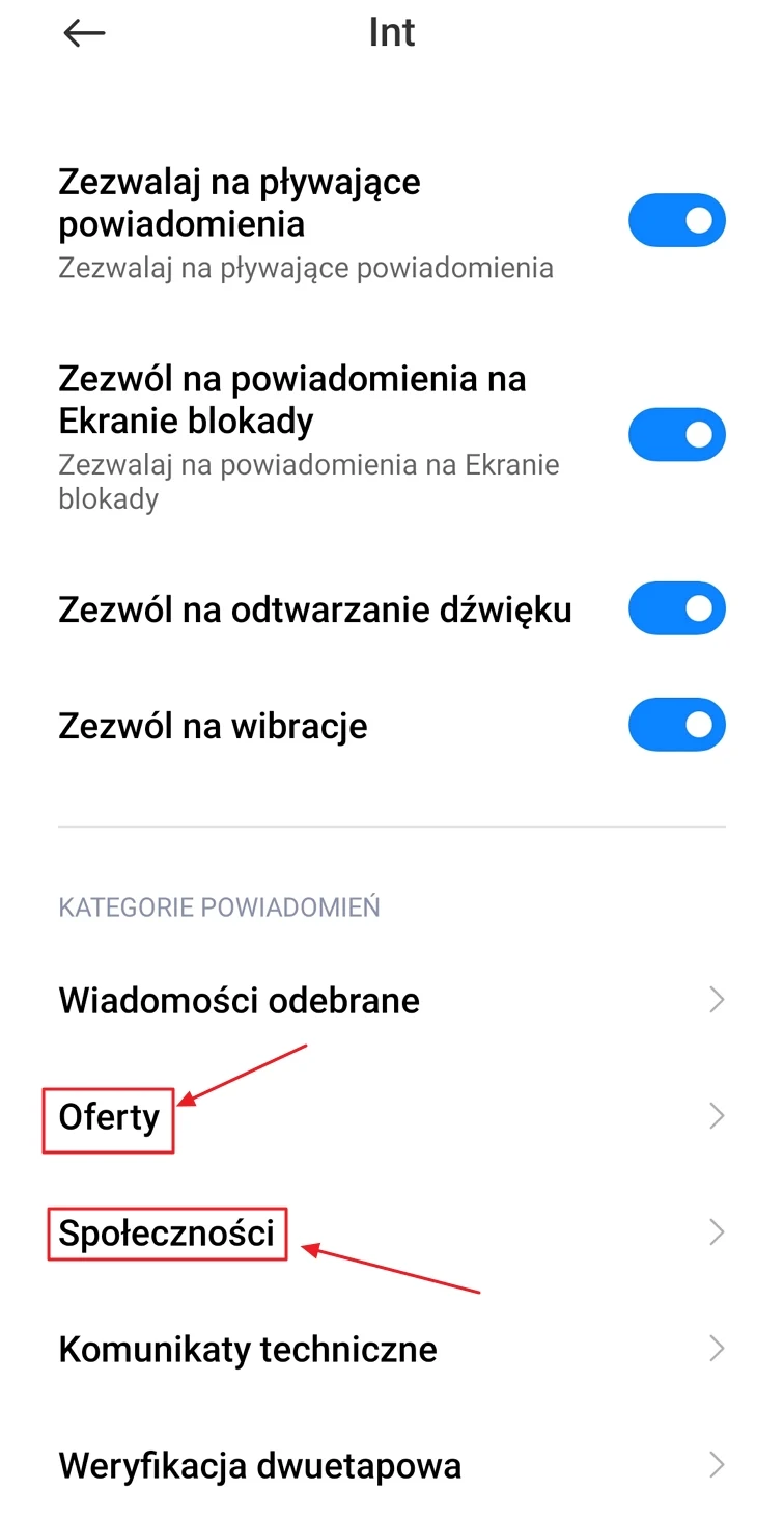 Włączone ustawienia powiadomień dotyczące pływających powiadomień, ekranu blokady, dźwięków i wibracji, a poniżej widoczne kategorie powiadomień, z wyróżnieniem opcji Oferty i Społeczności.