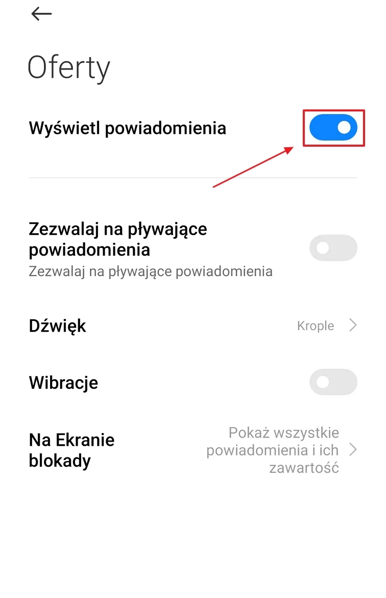 Włączony główny przełącznik powiadomień w sekcji Oferty, poniżej opcje dotyczące powiadomień pływających, dźwięku, wibracji oraz widoczności na ekranie blokady, z czego większość jest nieaktywna.
