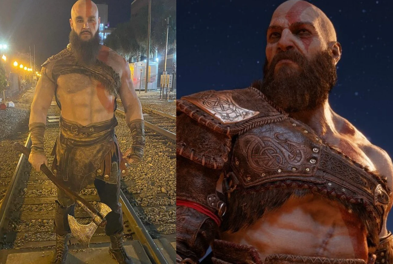 Adam Scherr podsyca atmosferę. To nowy Kratos w God of War? Adam Scherr w stroju Kratosa obok postaci z gry God of War, obaj trzymają charakterystyczną broń.