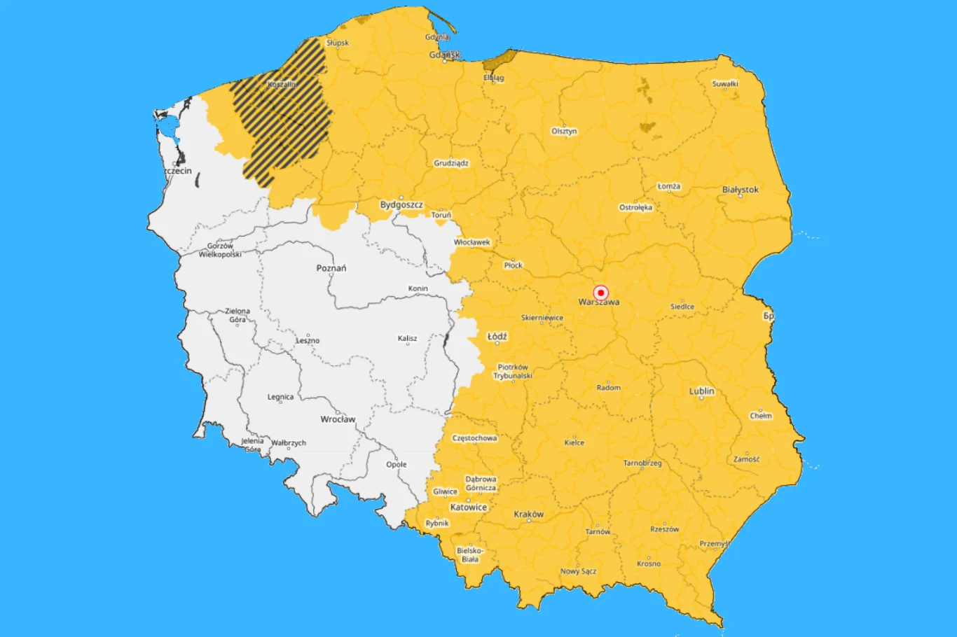 Mapa Polski z wyraźnym podziałem na dwa obszary: wschodni i centralny region zaznaczony kolorem żółtym oraz zachodni region w kolorze białym, w północno-zachodniej części dodatkowo wyróżniony obszar w ciemniejsze pasy.