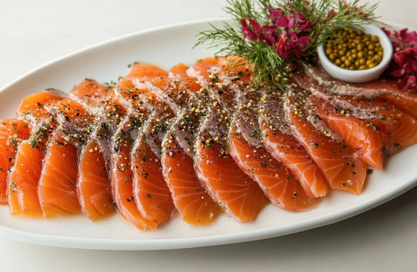 Elegancka przekąska w skandynawskim stylu. Gravlax pasuje na każdą okazję Plastry gravlax z łososia z koperkiem i fioletowymi kwiatami na białym półmisku, obok miseczka z żółtymi ziarenkami.