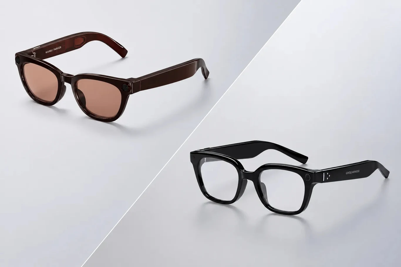 Okulary Galaxy Glasses coraz mniej tajemnicze. Samsung ujawnia szczegóły. Dwie pary okularów Galaxy Glasses: brązowe przeciwsłoneczne u góry, czarne korekcyjne u dołu.