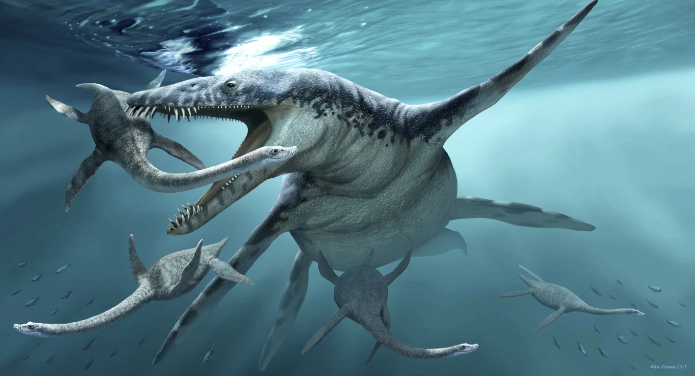 Liopleurodon był szczytowym drapieżnikiem morskim swoich czasów Ogromny morski drapieżnik z otwartą paszczą atakuje mniejsze morskie gady w podwodnej scenerii, ukazując dynamiczną walkę o przetrwanie prehistorycznych zwierząt.