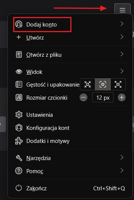 Menu z rozwiniętymi opcjami, w którym czerwoną ramką wyróżniono polecenie 'Dodaj konto', a u góry widoczna jest ikona trzy poziome linie.