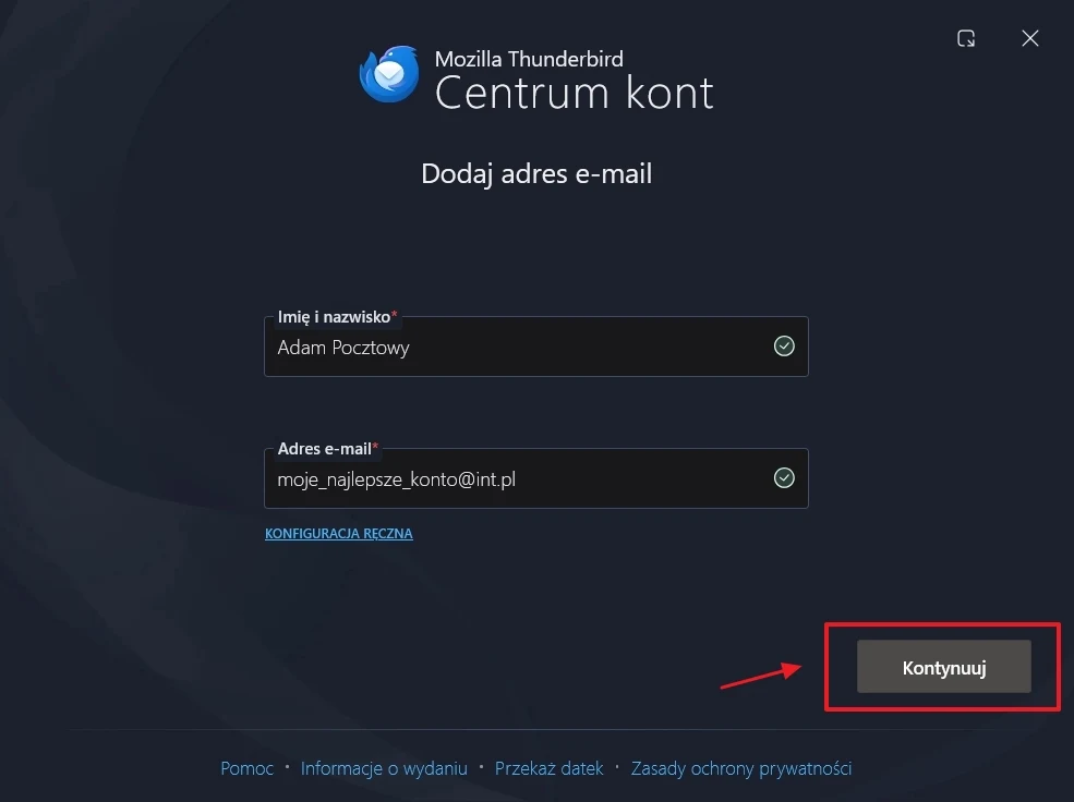 Ekran dodawania konta e-mail w programie Mozilla Thunderbird z wypełnionymi polami imię i nazwisko oraz adres e-mail, a także wyróżnionym przyciskiem Kontynuuj.