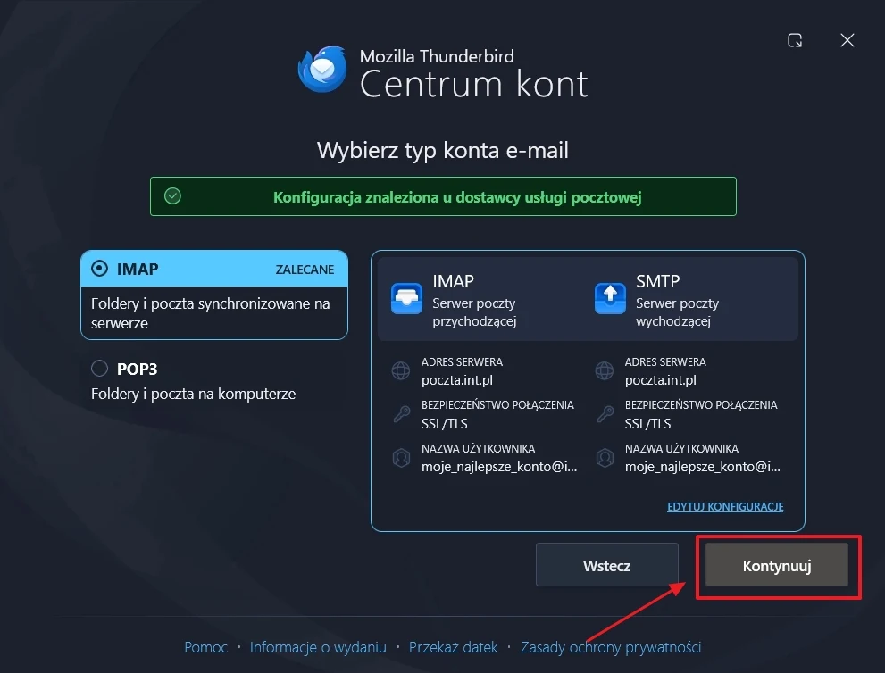 Interfejs konfiguracji konta e-mail w programie Mozilla Thunderbird, z zaznaczoną opcją IMAP oraz podświetlonym przyciskiem 'Kontynuuj' do przejścia do następnego kroku.