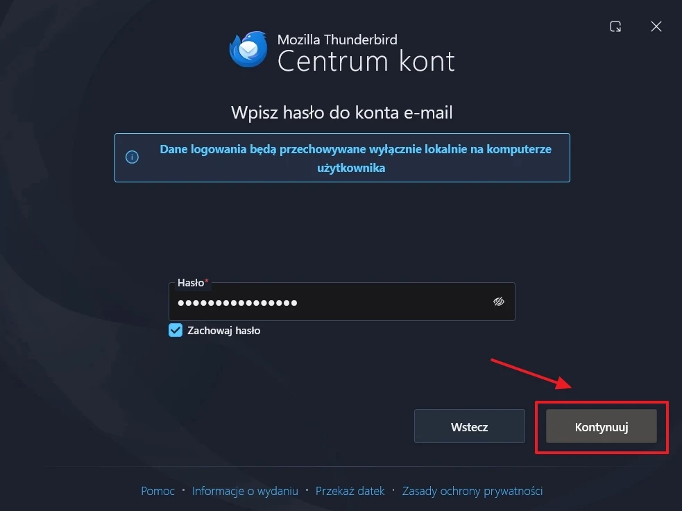 Okno logowania Mozilla Thunderbird z polem do wpisania hasła, zaznaczoną opcją zachowania hasła i wyróżnionym przyciskiem 'Kontynuuj'.