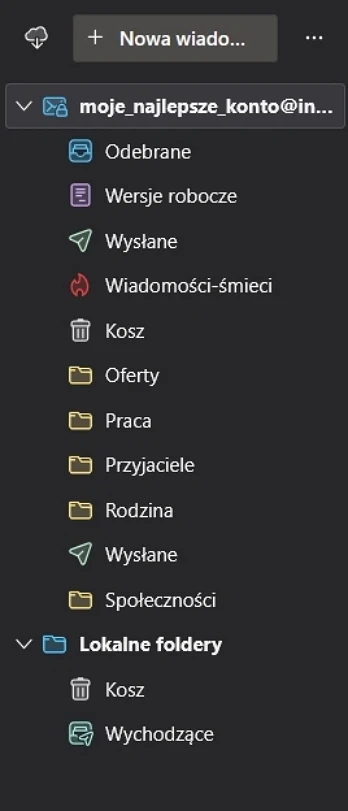 Widok skrzynki e-mail z folderami takimi jak Odebrane, Wersje robocze, Wysłane, Wiadomości-śmieci, Kosz oraz uporządkowanymi katalogami Oferty, Praca, Przyjaciele, Rodzina i Społeczności, a także z sekcją lokalnych folderów.