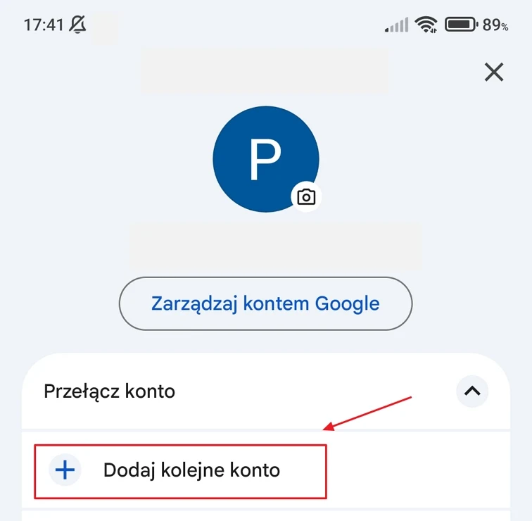 Ekran wyboru konta Google z wyróżnioną opcją dodania kolejnego konta.