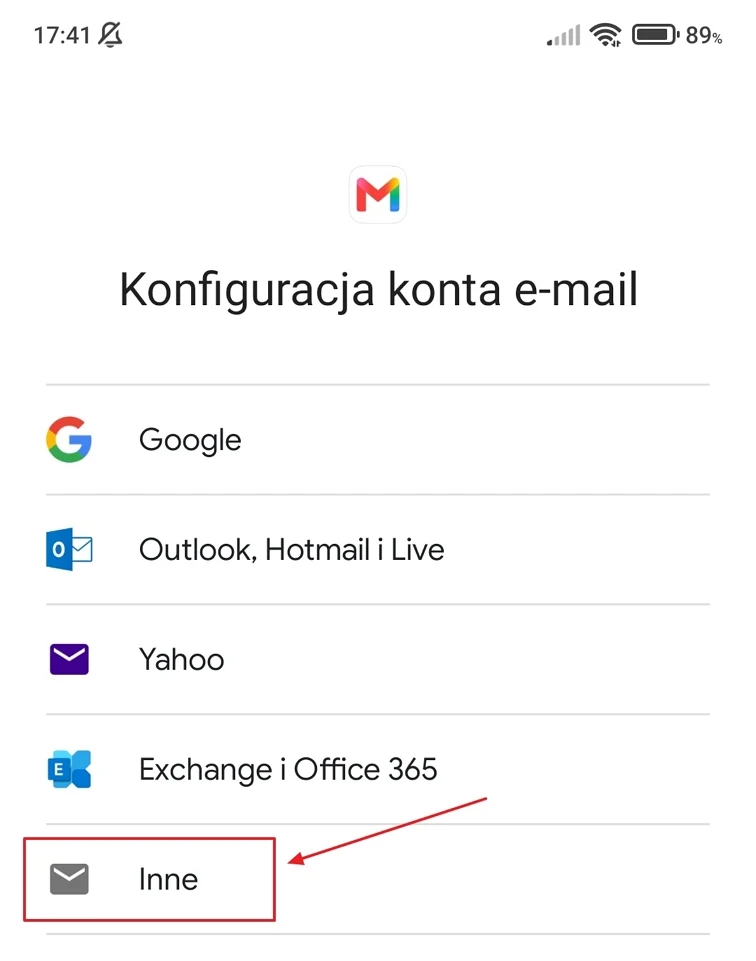 Ekran konfiguracji konta e-mail w aplikacji Gmail z widocznymi opcjami wyboru typu konta, spośród których zaznaczona jest opcja 'Inne'.