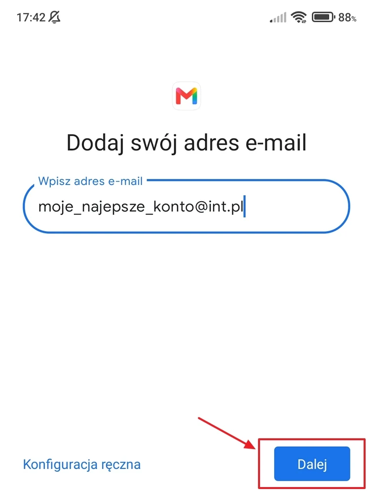Ekran aplikacji Gmail z polem do wpisania adresu e-mail i przyciskiem 'Dalej' zaznaczonym na niebiesko.