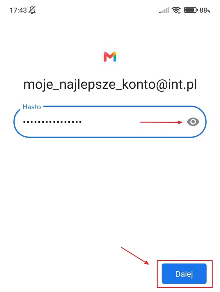 Ekran logowania do konta Gmail z wpisanym adresem e-mail oraz polem na hasło z ikoną oka umożliwiającą podgląd hasła i niebieskim przyciskiem 'Dalej' na dole.