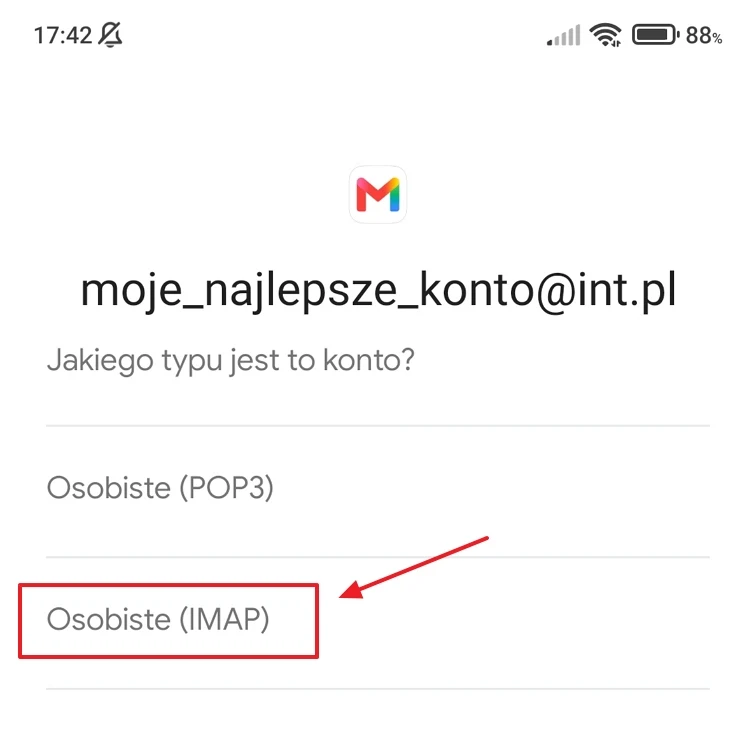 Ekran konfiguracji konta e-mail z adresem moje_najlepsze_konto@int.pl, pytaniem o typ konta i podświetloną opcją Osobiste (IMAP).