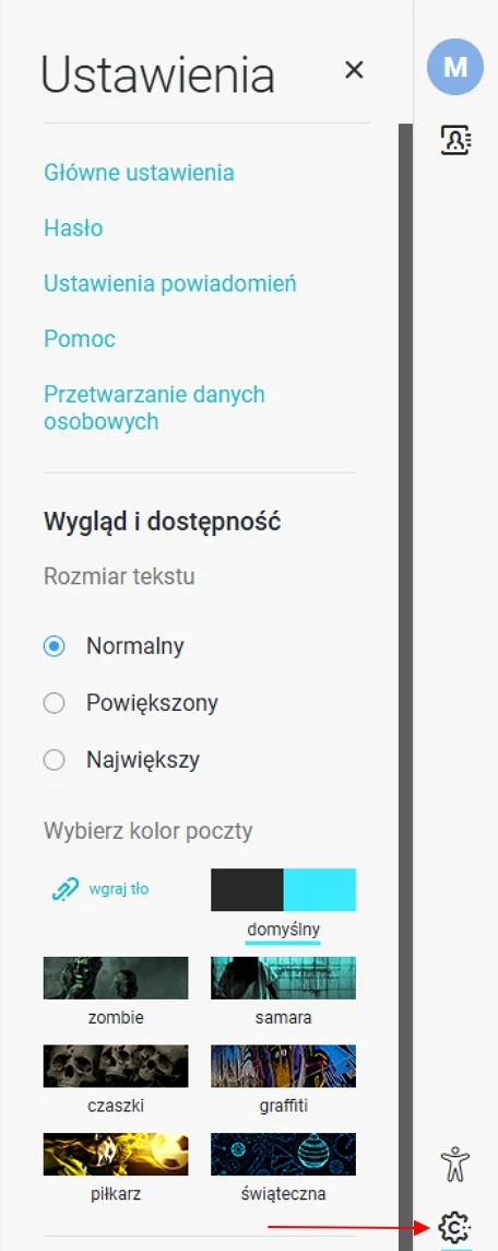 Panel ustawień poczty z opcjami zmiany wyglądu, rozmiaru tekstu oraz wyboru motywu graficznego, wyróżnione dostępne motywy paska bocznego i przycisk ustawień na dole ekranu.