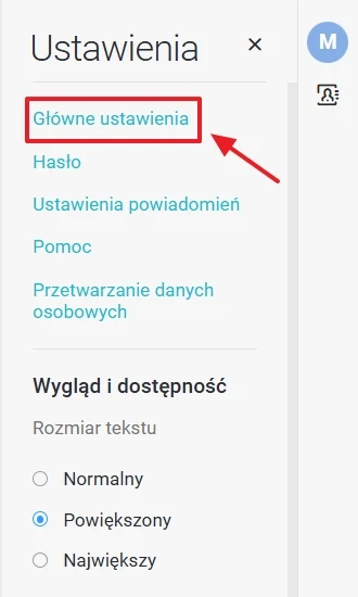 Panel ustawień z zaznaczoną opcją 'Główne ustawienia' oraz wybranym powiększonym rozmiarem tekstu.