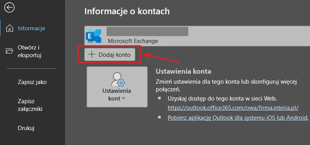 Ekran programu pocztowego z wyróżnioną opcją dodawania nowego konta oraz ustawieniami konta po prawej stronie.