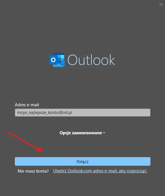 Ekran logowania Outlook z polem na adres e-mail, podświetlonym przyciskiem 'Połącz' oraz niebieskim logo programu pośrodku górnej części ekranu.