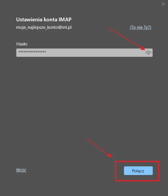 Okno logowania do konta IMAP z polem na wpisanie hasła, ikoną podglądu hasła oraz niebieskim przyciskiem Połącz.