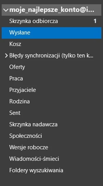 Widok panelu poczty elektronicznej z rozwiniętym folderem konta użytkownika, zaznaczonym folderem Wysłane oraz listą głównych folderów i kategorii, takich jak Oferty, Praca, Przyjaciele, Rodzina i Społeczności.