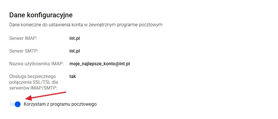 Zestaw danych konfiguracyjnych do poczty e-mail, w tym adresy serwerów IMAP i SMTP, przykładowa nazwa użytkownika oraz informacja o obsłudze połączenia SSL/TLS i zaznaczona opcja korzystania z programu pocztowego.
