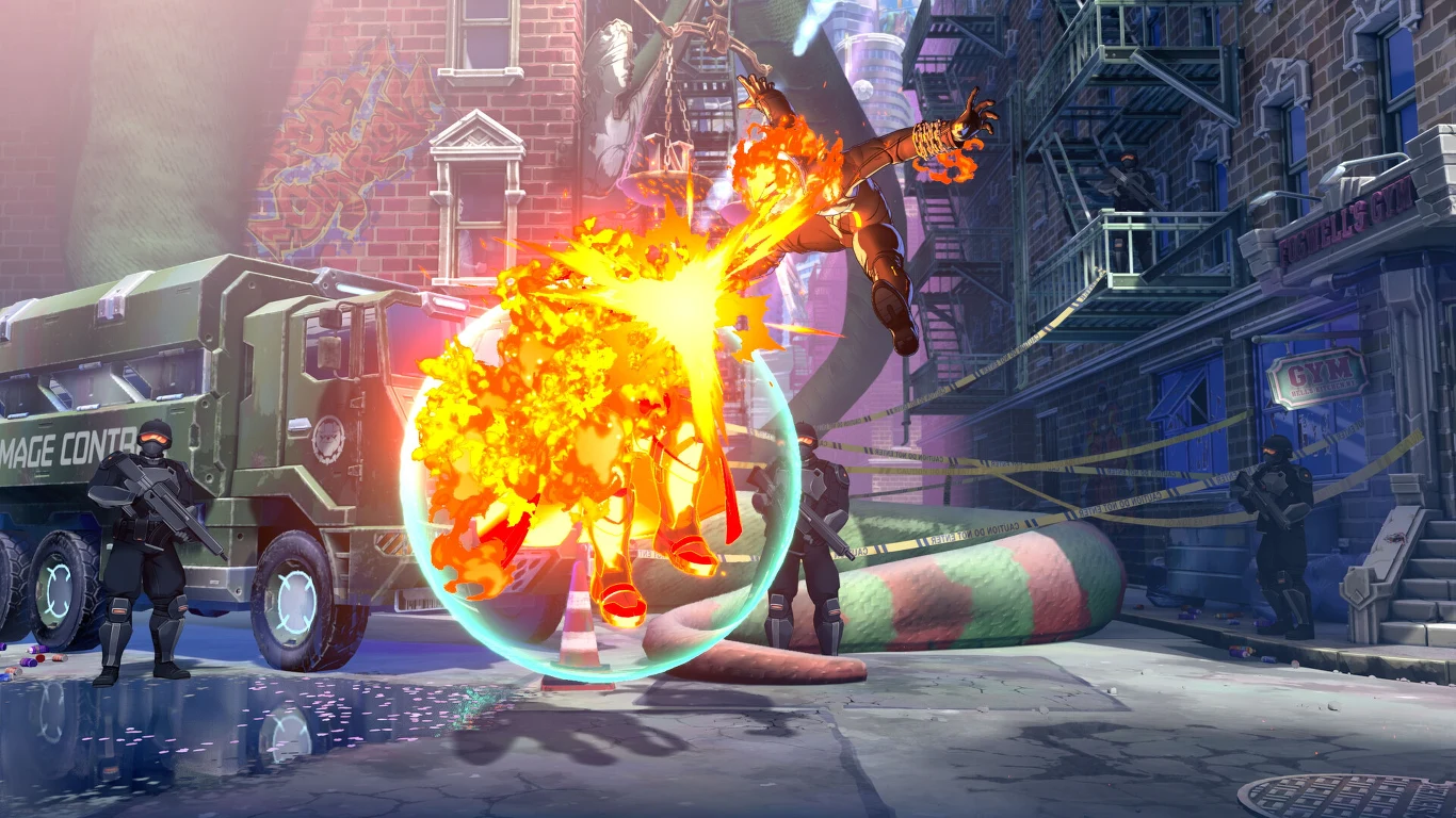 Marvel Tokon: Fighting Souls Dwie postacie walczące w Marvel Tokon: Fighting Souls, jedna trafiona kulą ognia; w tle pojazd opancerzony i służby.