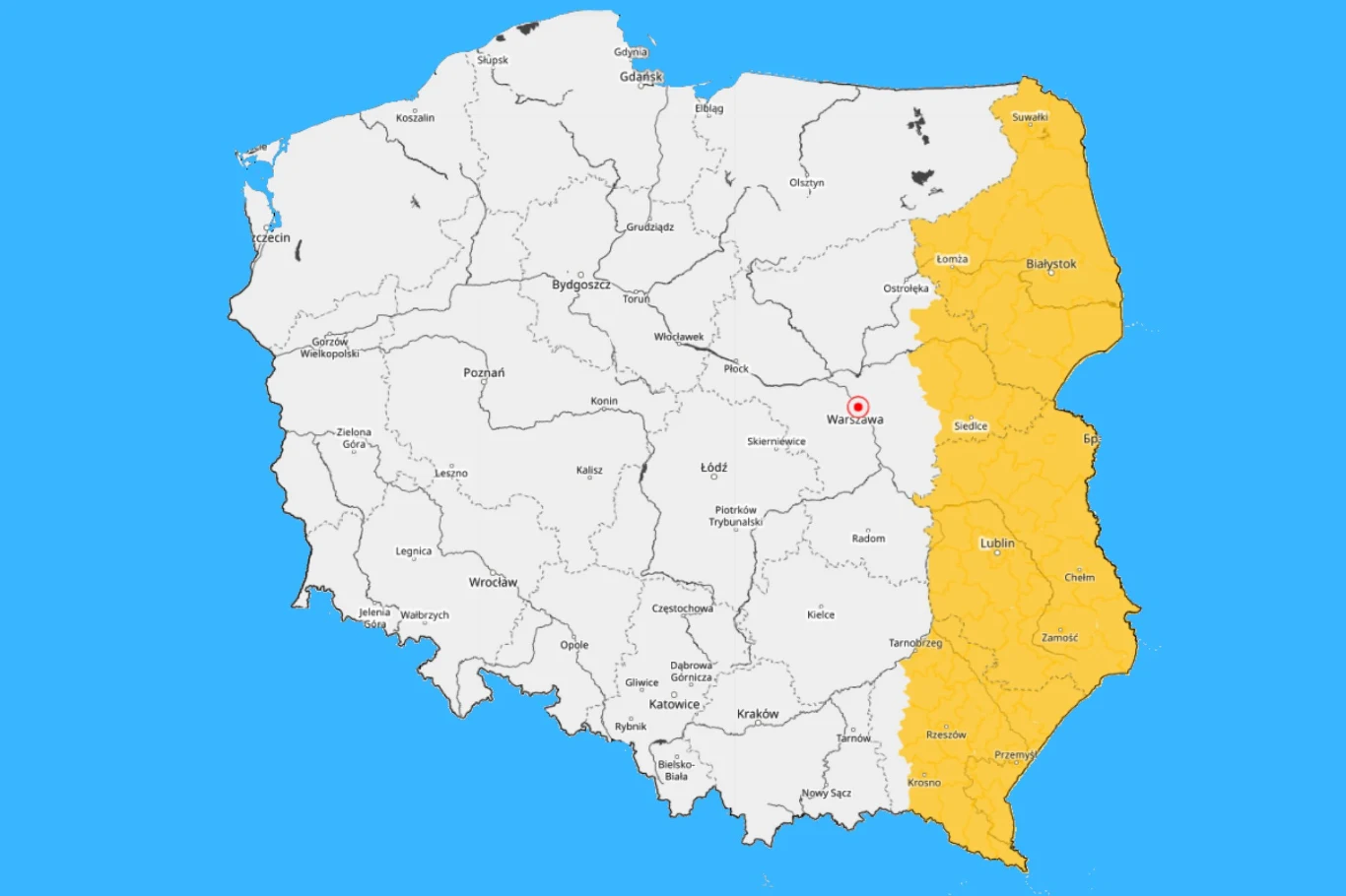 Mapa Polski z wyróżnioną na żółto wschodnią częścią kraju, obejmującą województwa podlaskie, lubelskie i podkarpackie, na tle wyodrębniona Warszawa oznaczona czerwoną kropką.