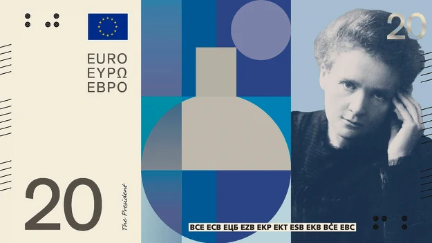 Portret kobiety z krótkimi włosami w czarno-białych barwach, po prawej stronie geometryczne kształty na niebieskim tle, z lewej strony oznaczenie waluty euro i liczba 20.