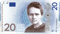 Portret kobiety na tle motywów naukowych, liczba 20, oznaczenie waluty euro oraz symbol Unii Europejskiej.