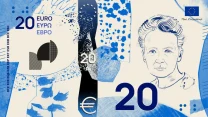 Nowoczesny projekt banknotu o nominale 20 euro z portretem kobiety, motywami geometrycznymi i roślinnymi w odcieniach niebieskiego, symbolem euro oraz napisem w trzech alfabetach.