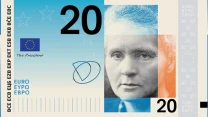 Portret kobiety na tle niebiesko-pomarańczowego wzoru, duży numer 20 oraz symbole i oznaczenia waluty euro.
