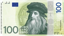 Portret mężczyzny w renesansowej czapce z długą brodą, duży napis „100 EURO” oraz elementy graficzne nawiązujące do sztuki i geometrii, w tym motyw człowieka witruwiańskiego i symbol Unii Europejskiej.