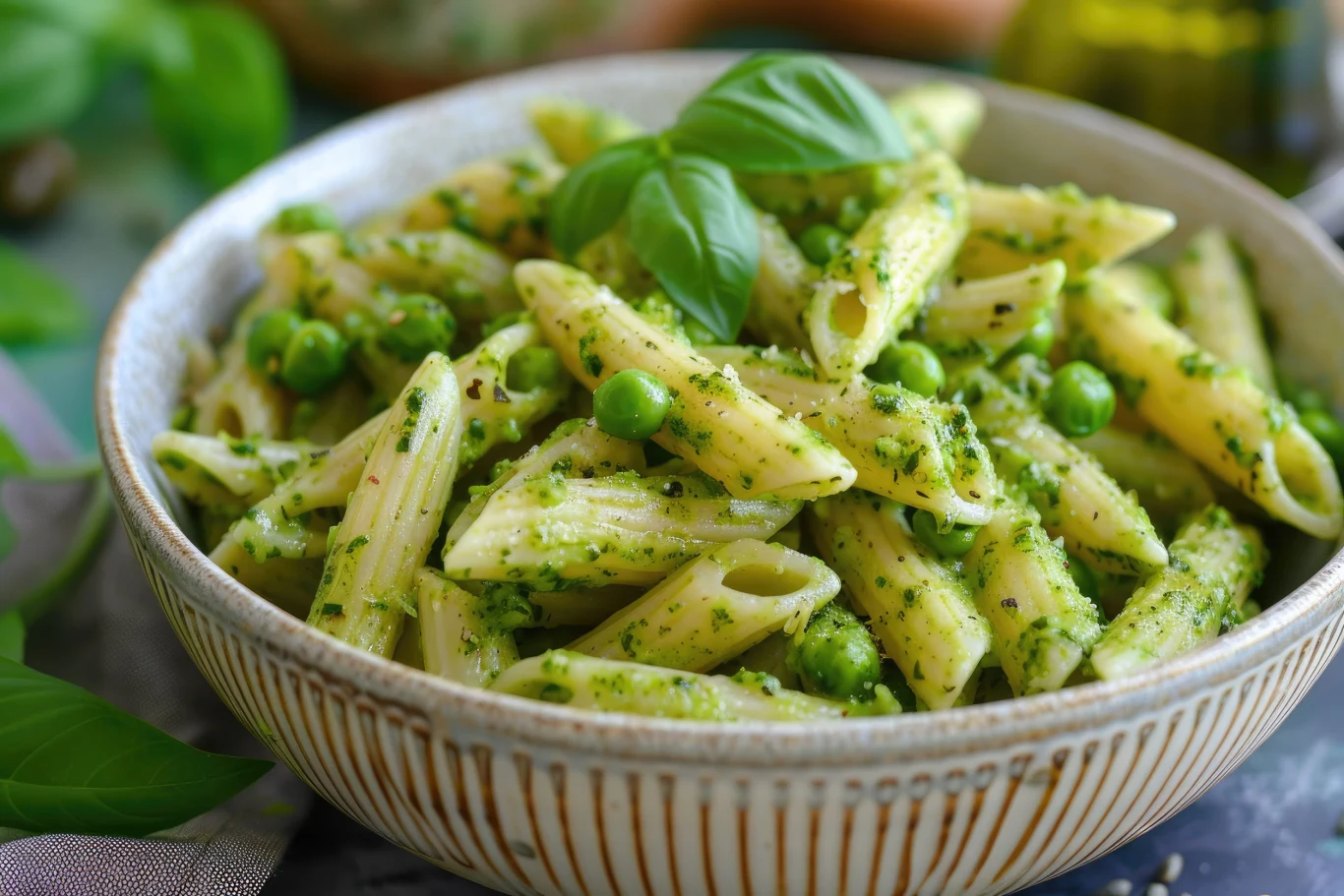 Makaron z tym pesto sprawdzi się na szybki obiad Makaron penne z zielonym pesto z groszku i świeżą bazylią w ceramicznej misce