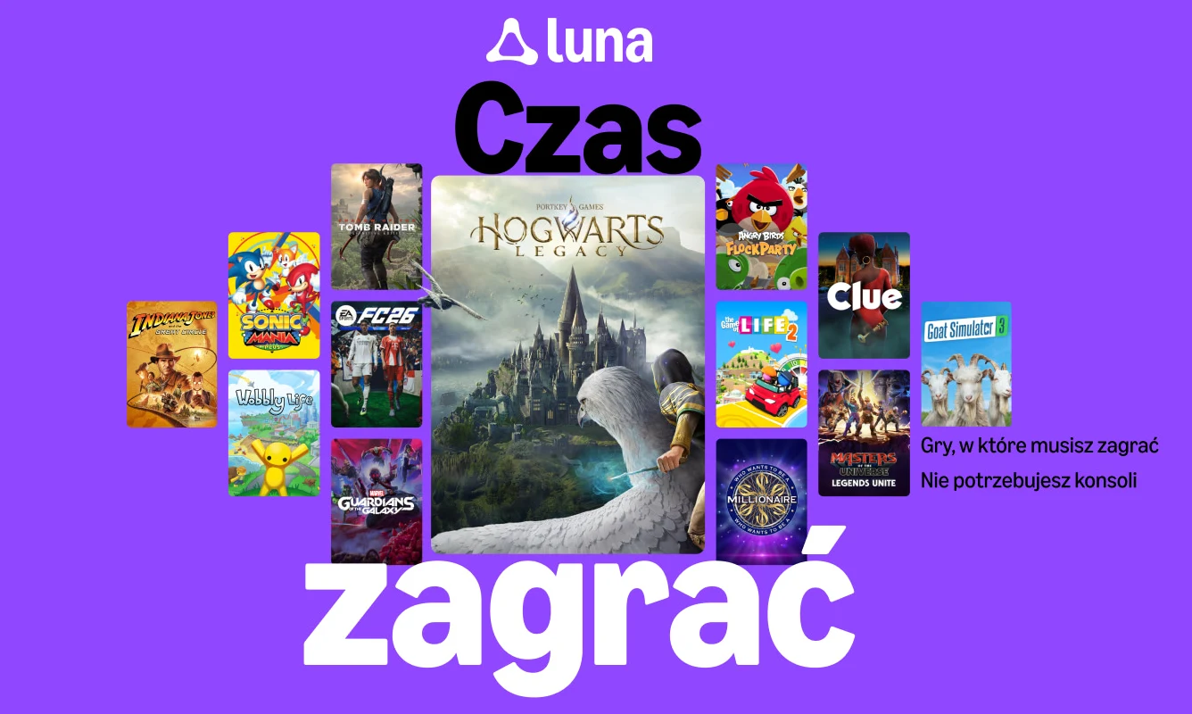 Centralnie umieszczona okładka gry Hogwarts Legacy otoczona miniaturami innych popularnych gier komputerowych na fioletowym tle z wyraźnym hasłem reklamowym oraz logo platformy Luna.