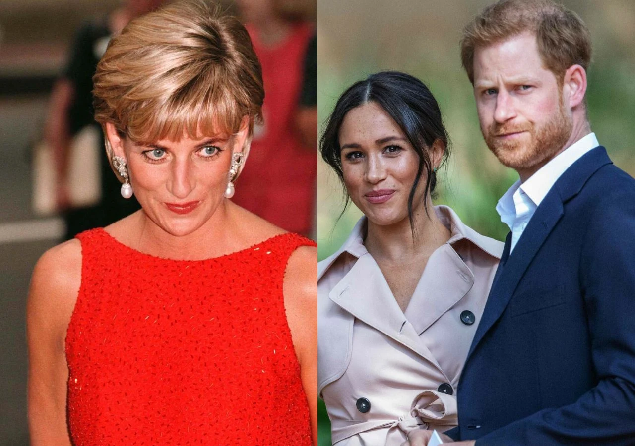 Księżna Diana, Meghan Markle i książę Harry Księżna Diana w czerwonej sukni oraz Meghan Markle w beżowym płaszczu i książę Harry w garniturze.