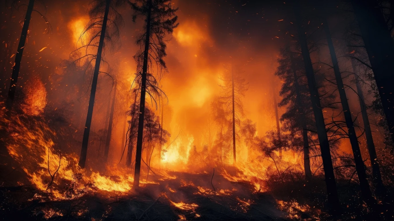 W triasie rosły już drzewa iglaste, które wycofały się z powodu zmiany klimatu Ogień obejmuje wysokie drzewa iglaste w gęstym lesie, płomienie i gęsty dym unoszą się nad pożarem.