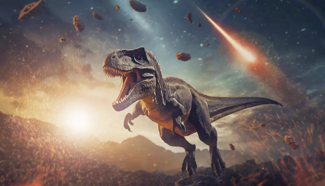 Era dinozaurów zakończyła się 66 milionów lat temu. Wygląda na to, że pechowo Drapieżny dinozaur z otwartą paszczą, meteoryty na tle rozświetlonego nieba, koniec ery dinozaurów.