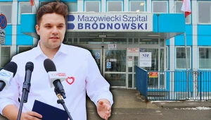 Dawid Kacprzyk na tle wejścia do Mazowieckiego Szpitala Bródnowskiego w Warszawie