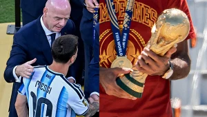 Na zdjęciu prezydent FIFA Gianni Infantino, Leo Messi i mundialowe trofeum w rękach Hiszpanów