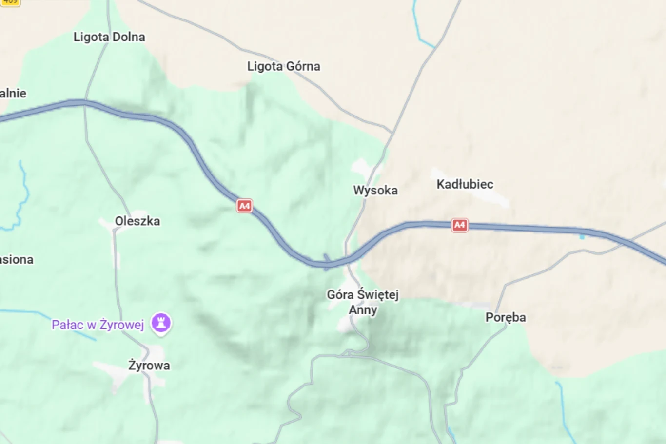 Fragment mapy województwa opolskiego z zaznaczoną autostradą A4, miejscowościami Góra Świętej Anny, Żyrowa, Kadłubiec, Poręba, Oleszka, Wysoka, Ligota Dolna i Ligota Górna oraz oznaczeniem Pałacu w Żyrowej.