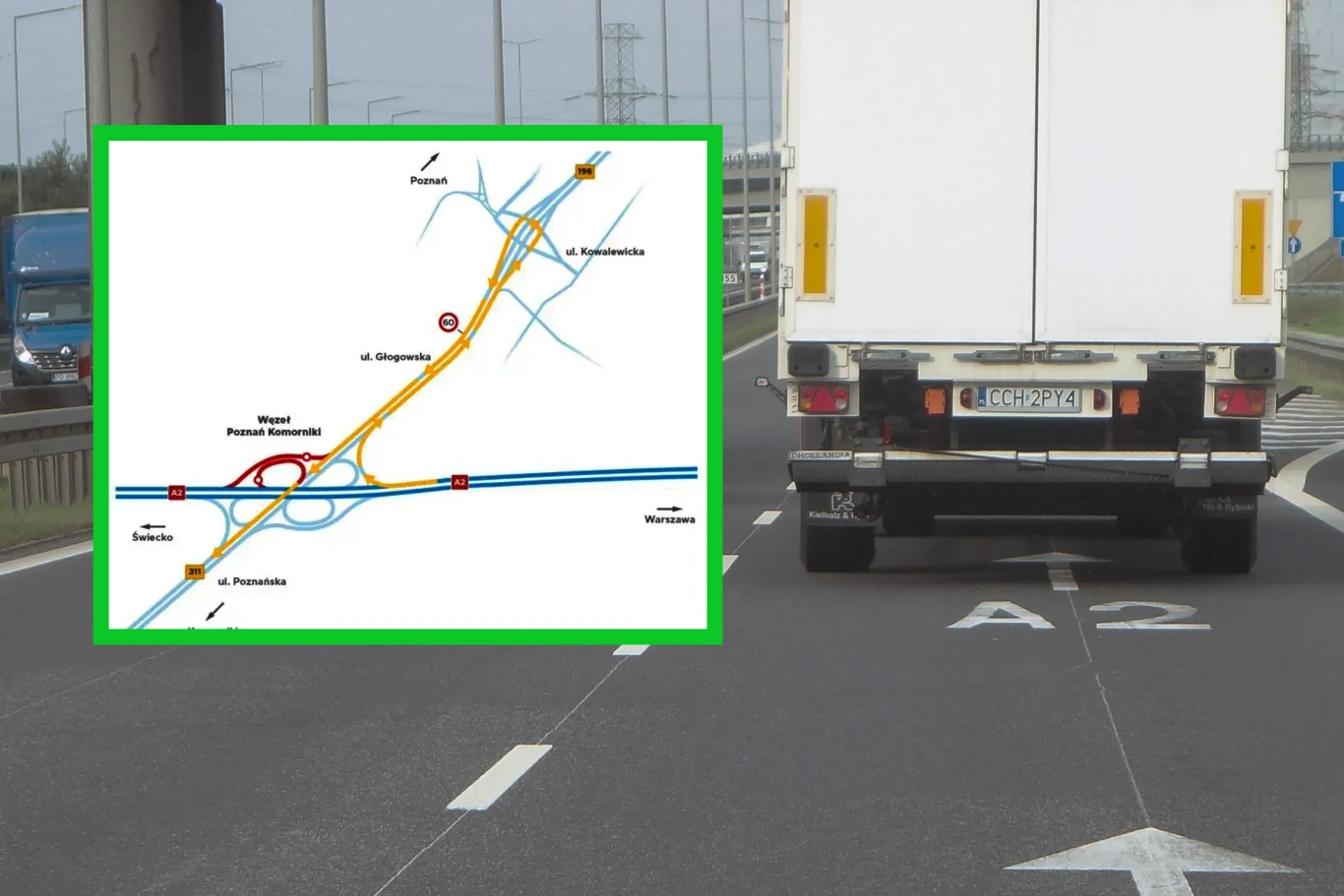 Remont A2. Objazdy i ograniczenia na węźle Poznań Komorniki. Screen: Autostrada Wielkopolska Ciężarówka na prawym pasie A2, znak autostrady, widoczna mapa objazdów na węźle Poznań Komorniki