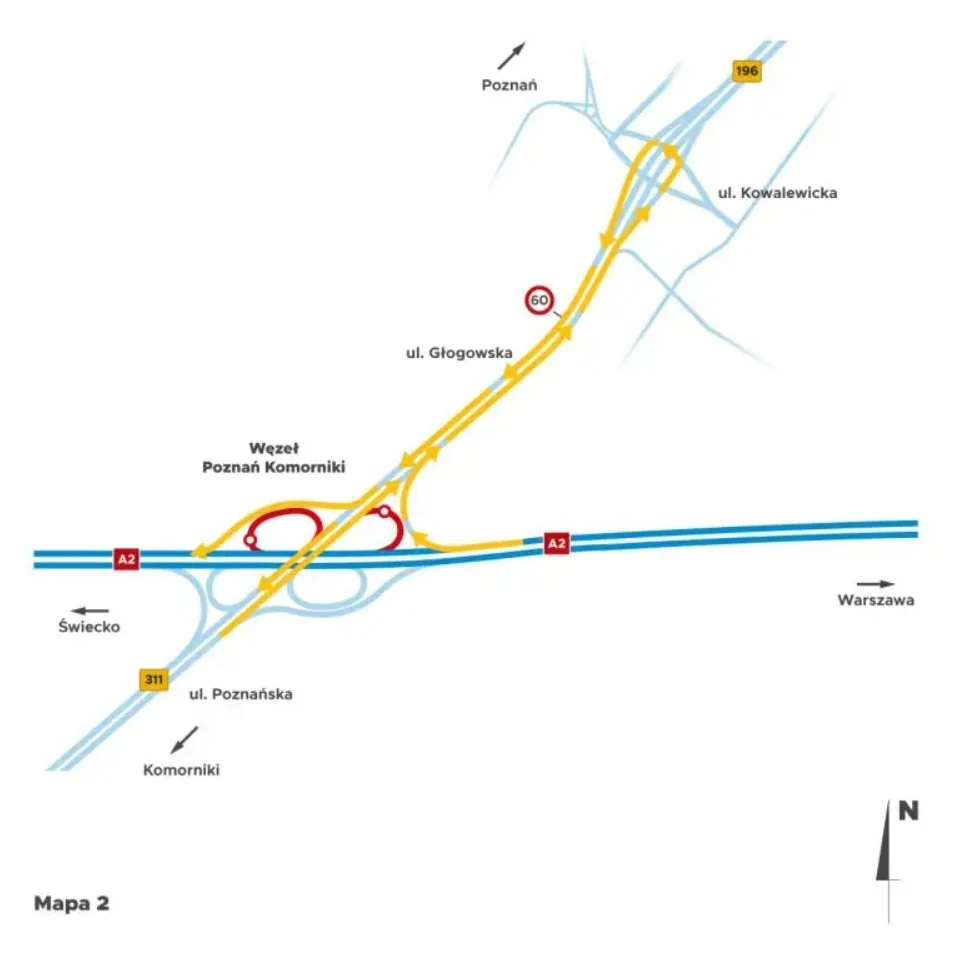 Po zakończeniu prac na łącznicy Poznań - Świecko, będzie remontowana łącznica Komorniki - Świecko. Fot. Autostrada Wielkopolska Schemat węzła Poznań Komorniki z oznaczonymi drogami A2, ul. Głogowską, ul. Poznańską oraz ul. Kowalewicką, strzałkami kierunkowymi na Poznań, Warszawę, Świecko i Komorniki, a także zaznaczonym ograniczeniem prędkości i kierunkami ruchu na skrzyżowaniu.