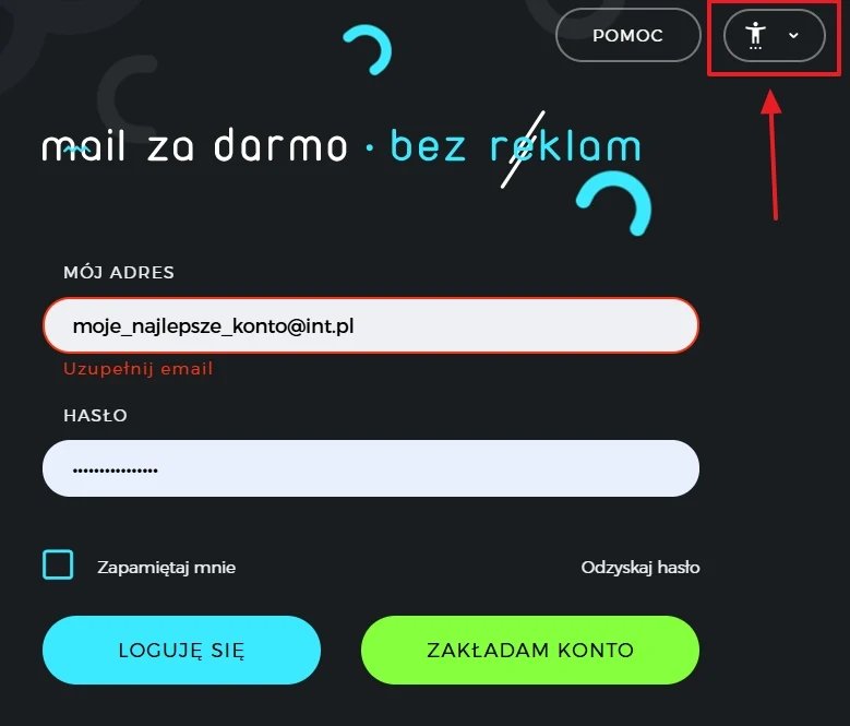 Formularz logowania z wyróżnionym polem adresu e-mail i hasła, przyciski 'Loguję się' oraz 'Zakładam konto', dodatkowa ikona dostępności w prawym górnym rogu.
