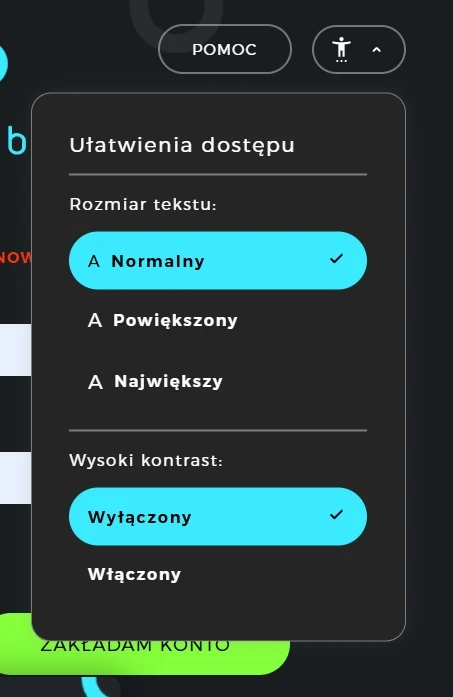 Panel ustawień dostępności z opcjami zmiany rozmiaru tekstu oraz przełączania wysokiego kontrastu.