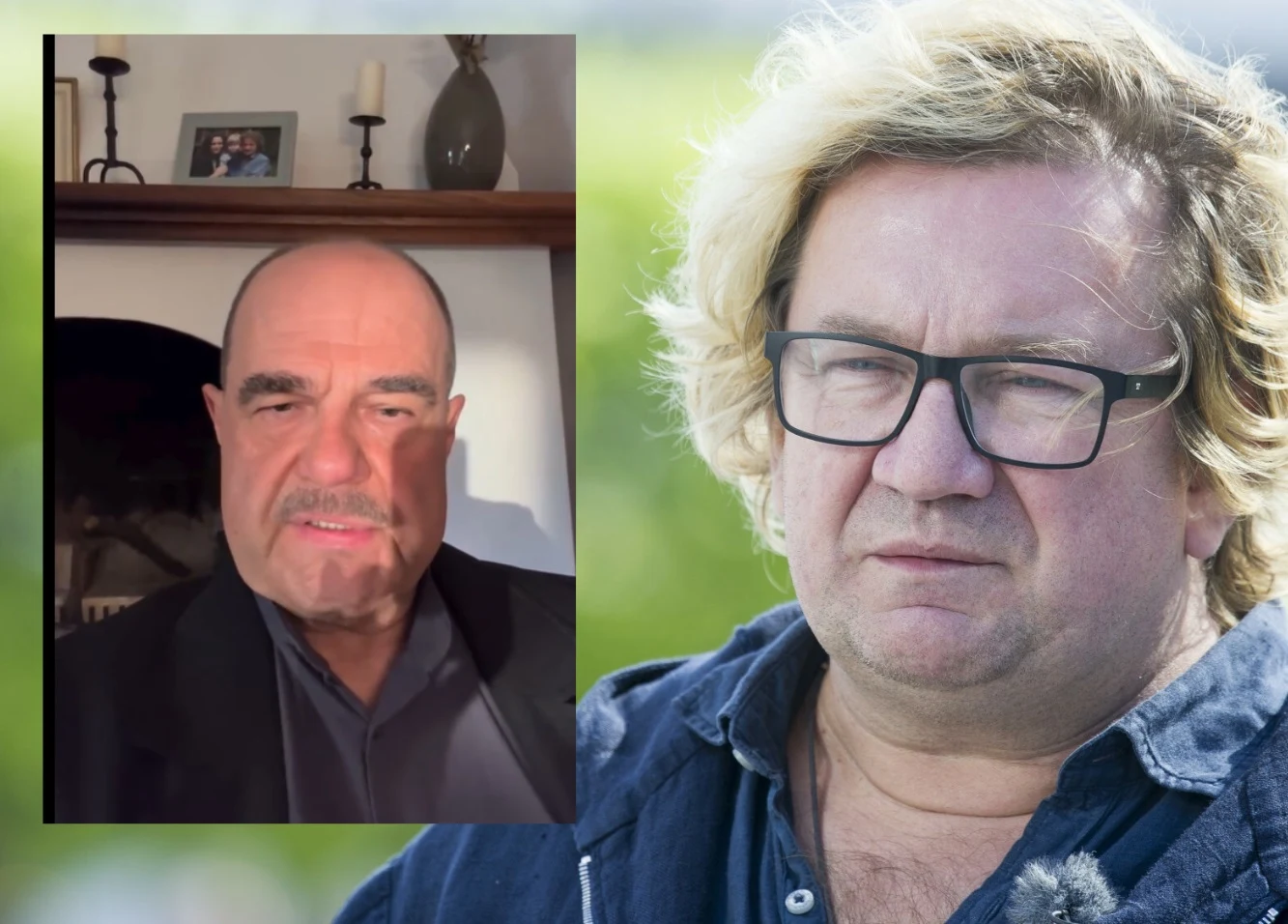 Dwie osoby – jedna w kadrze zbliżeniowym z jasnymi włosami i okularami, druga w ujęciu portretowym na tle wnętrza z półką, świecami i zdjęciem w ramce.