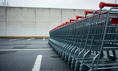 Rząd wózków sklepowych na parkingu przed nowym sklepem Lidl w Poznaniu